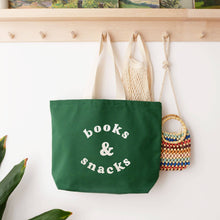 Load image into Gallery viewer, Books &amp; Snacks - Forest Green Canvas Tote Bag
