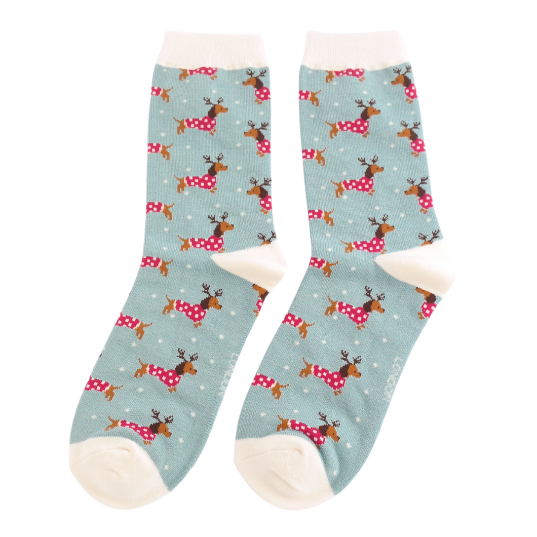 Miss Sparrow Christmas Sausage Dogs Ladies Socks Duck Egg