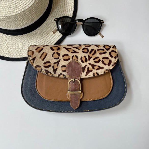 Josephine Navy Tan Leopard Upcycled Leather Handbag