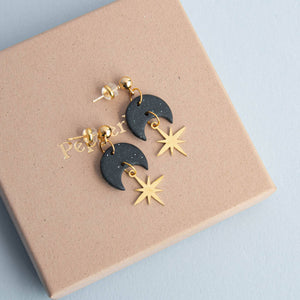 Celestial Gold Star Drop Earrings in Midnight Black: Pearly White