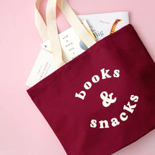 Load image into Gallery viewer, Books &amp; Snacks - Burgundy Canvas Tote Bag

