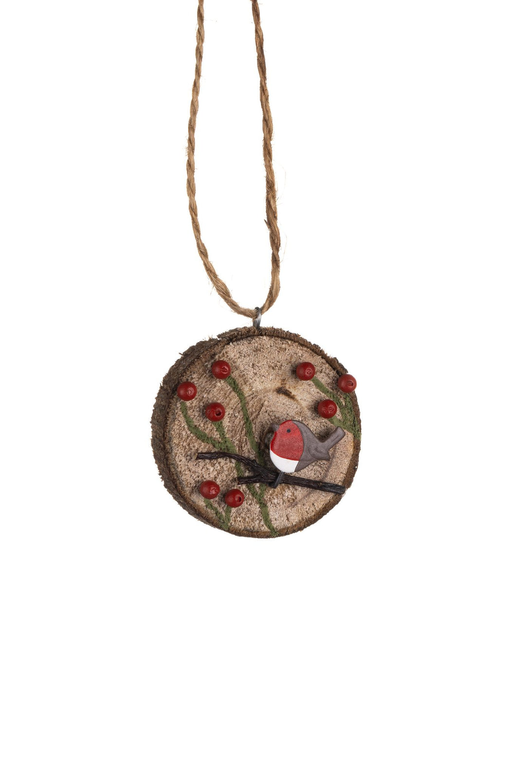 Robin and Berries On Log Round Hanging Christmas Decoration