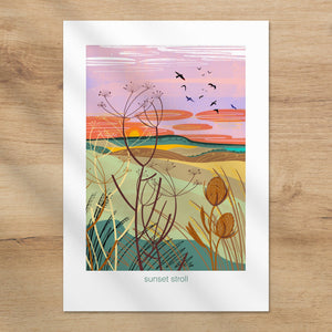 Sunset stroll - art poster print A4 - nature print unframed