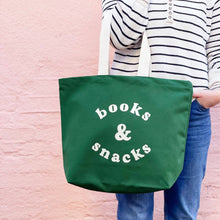 Load image into Gallery viewer, Books &amp; Snacks - Forest Green Canvas Tote Bag
