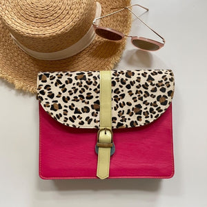 Bridget Pink Green Leopard Upcycled Leather Handbag