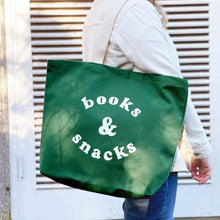 Load image into Gallery viewer, Books &amp; Snacks - Forest Green Canvas Tote Bag
