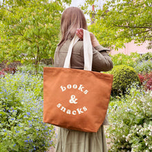 Load image into Gallery viewer, Books &amp; Snacks - Tan Canvas Tote Bag
