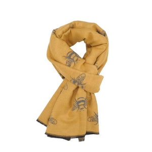 Bees scarf in mustard yellow and grey