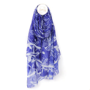 Blue and White sea shell ocean print scarf