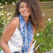 Load image into Gallery viewer, Blue and White sea shell ocean print scarf
