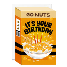 Load image into Gallery viewer, Go Nuts Honey Birthday Card | Retro Cereal Box Bee Pun Art
