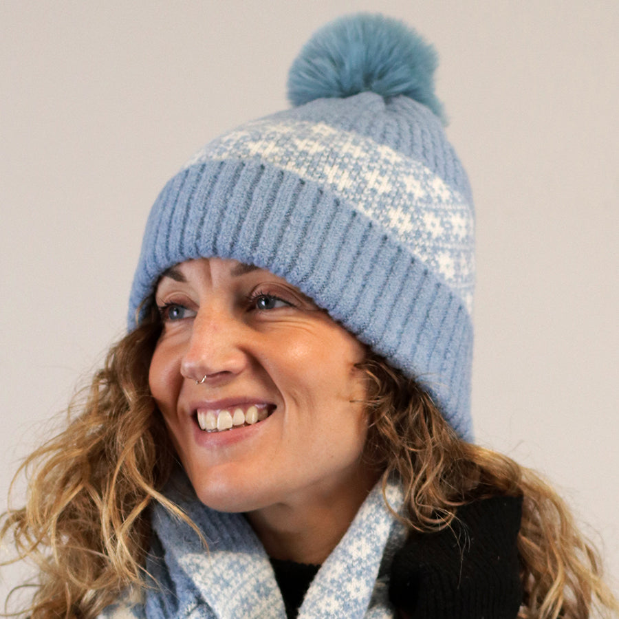 Baby Blue And White Floral Design Pompom Bobble Hat