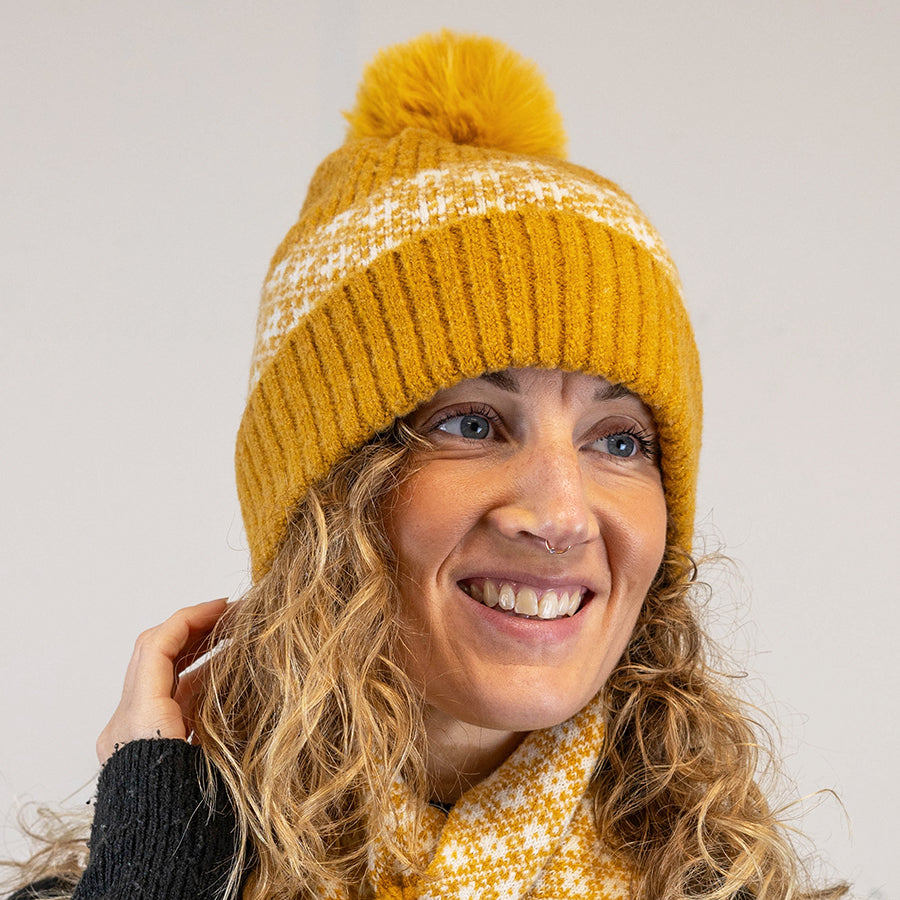 Mustard And White Floral Design Pompom Bobble Hat