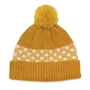 Mustard And White Floral Design Pompom Bobble Hat