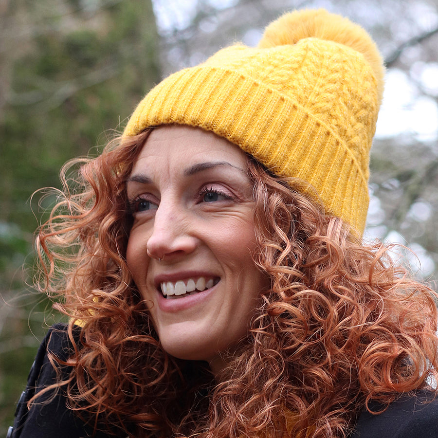 Mustard Recycled Yarn Herringbone Cable Knit Hat with Faux Fur Pom-pom
