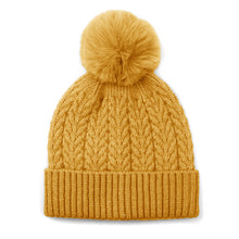 Load image into Gallery viewer, Mustard Recycled Yarn Herringbone Cable Knit Hat with Faux Fur Pom-pom
