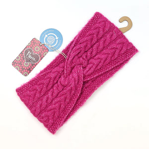 Rose Pink Recycled Yarn Herringbone Cable Knit Cosy Twist Headband