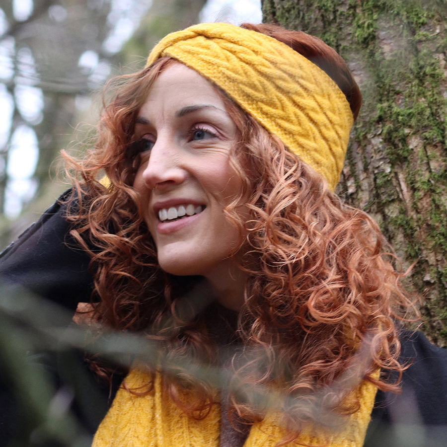 Mustard Recycled Yarn Herringbone Cable Knit Cosy Twist Headband