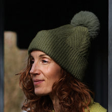 Load image into Gallery viewer, Charlotte Moss Green Herringbone Knit Recycled Blend Bobble Hat
