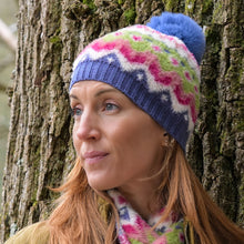 Load image into Gallery viewer, Imogen Fluffy Blue, Lime and Pink Mix Pattern Knit Recycled Blend Bobble Hat
