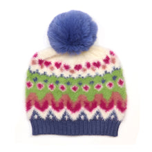 Load image into Gallery viewer, Imogen Fluffy Blue, Lime and Pink Mix Pattern Knit Recycled Blend Bobble Hat
