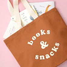 Load image into Gallery viewer, Books &amp; Snacks - Tan Canvas Tote Bag
