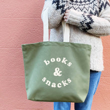 Load image into Gallery viewer, Books &amp; Snacks - Olive Green Canvas Tote Bag
