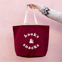 Load image into Gallery viewer, Books &amp; Snacks - Burgundy Canvas Tote Bag
