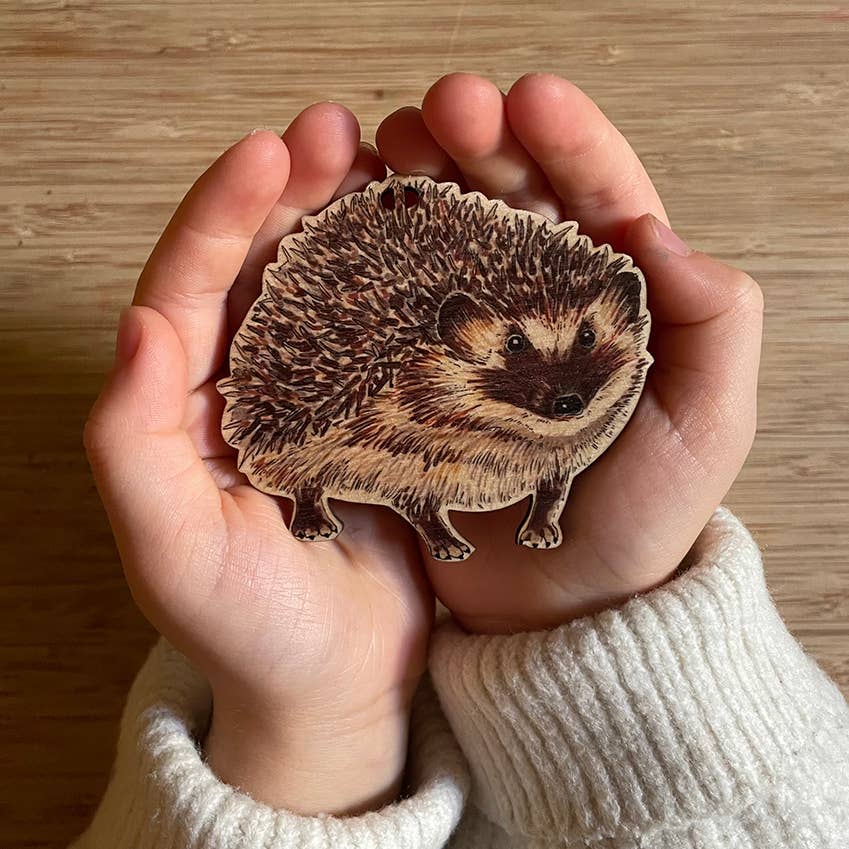 Hedgehog illustrated wooden Christmas tree decoration