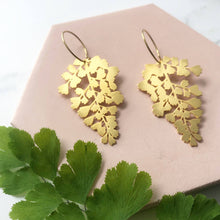 Load image into Gallery viewer, Gold Maidenhair Fern Hoop Earrings
