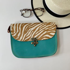 Belle Aqua Zebra Upcycled Leather Handbag