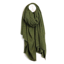 Load image into Gallery viewer, Dark Olive dobby cloth scarf with gold lurex weave
