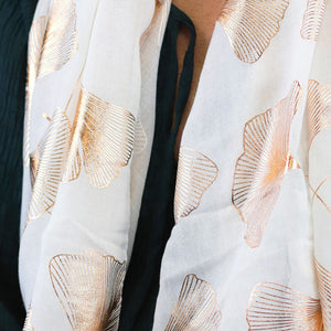 White Rose Gold Ginkgo Leaf Print scarf