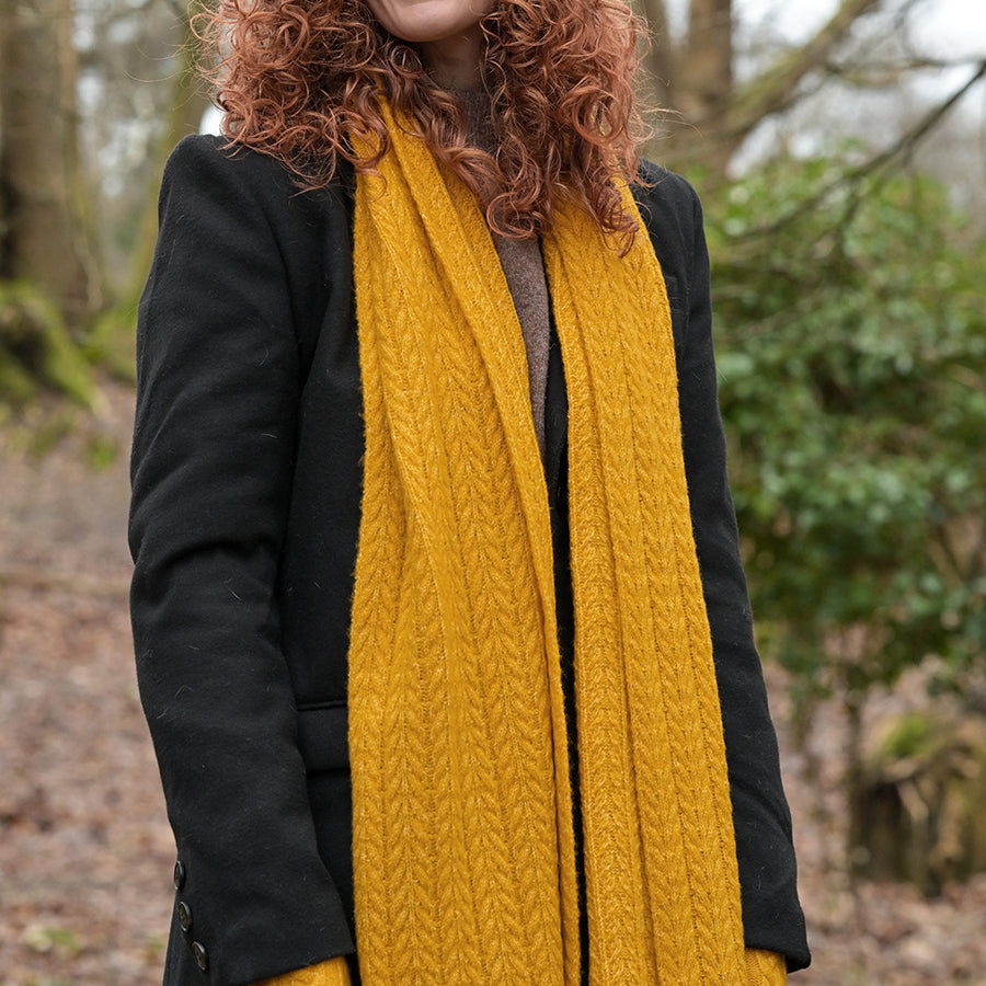 Mustard Recycled Yarn Herringbone Cable Knit Scarf