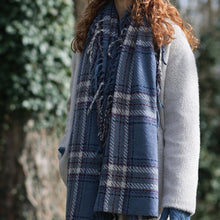 Load image into Gallery viewer, Darcie Dusky Blue Mix Fringe Edge Check Scarf
