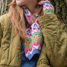 Load image into Gallery viewer, Imogen Fluffy Blue, Lime And Pink Mix Patterned Pull Through Scarf
