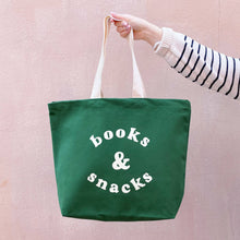 Load image into Gallery viewer, Books &amp; Snacks - Forest Green Canvas Tote Bag
