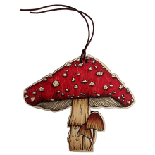 Load image into Gallery viewer, Toadstool illustrated wooden Christmas tree decoration
