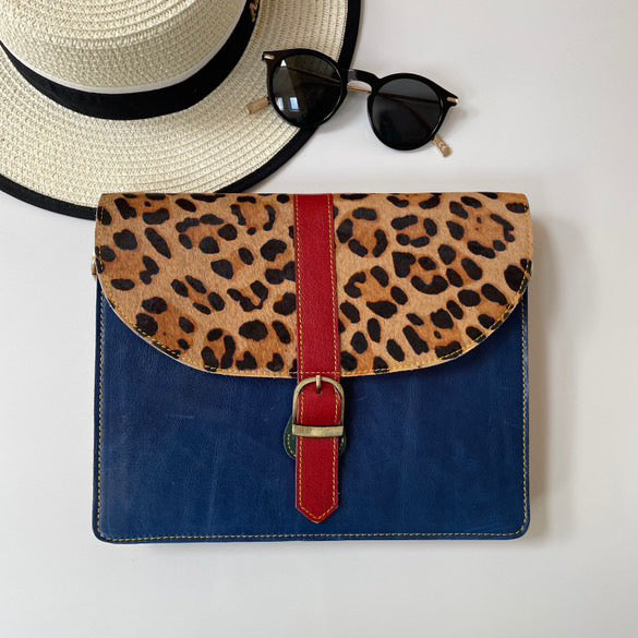 Bridget Navy Leopard Upcycled Leather Handbag