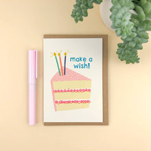 Load image into Gallery viewer, Illustrated &#39;Make a Wish!&#39; fun and cute cake birthday card
