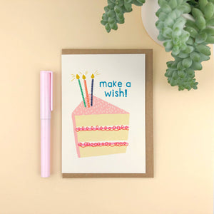 Illustrated 'Make a Wish!' fun and cute cake birthday card