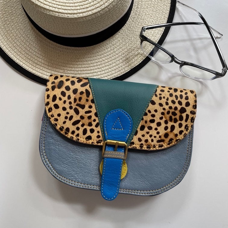 Jenny Blue Green Leopard Upcycled Leather Handbag