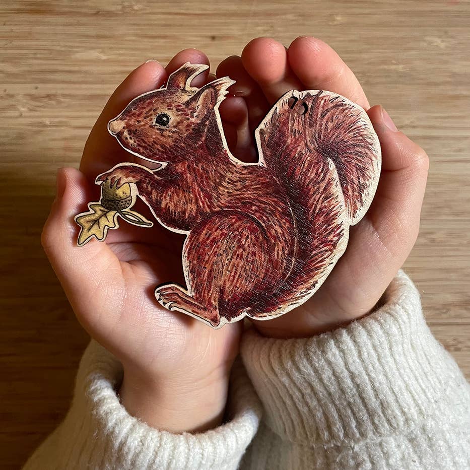 Red Squirrel illustrated wooden Christmas tree decoration