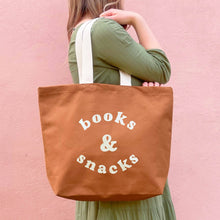 Load image into Gallery viewer, Books &amp; Snacks - Tan Canvas Tote Bag
