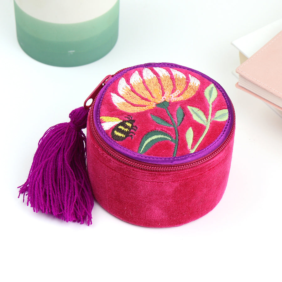 Fuchsia Velvet Floral Embroidered Jewellery Box