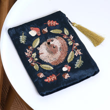 Load image into Gallery viewer, Dark Teal Velvet with Hedgehog and Autumnal Leaves Embroidered Purse with Tassel Zip
