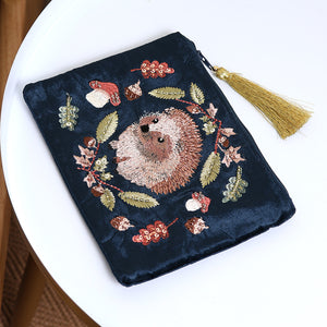 Dark Teal Velvet with Hedgehog and Autumnal Leaves Embroidered Purse with Tassel Zip