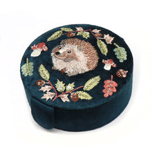 Load image into Gallery viewer, Dark Teal Velvet Large Round Jewellery Box with Hedgehog and Autumnal Leaves Embroidery
