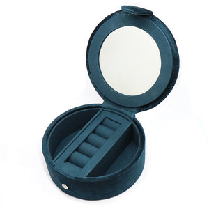 Dark Teal Velvet Large Round Jewellery Box with Hedgehog and Autumnal Leaves Embroidery