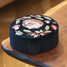 Load image into Gallery viewer, Dark Teal Velvet Large Round Jewellery Box with Hedgehog and Autumnal Leaves Embroidery
